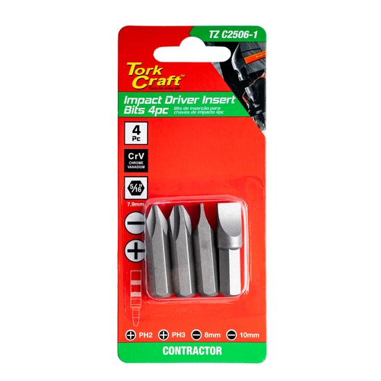 Impact Driver Insert Bits 4pc 5/16" Ph2/ph3/sl8mm/sl10mm